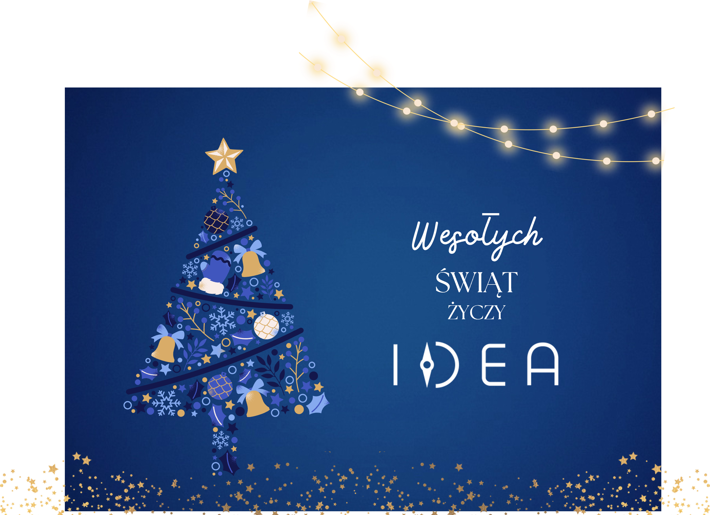Ilustracja świąteczna na granatowym tle. Po lewej stylizowana choinka złożona z ikon i symboli w odcieniach niebieskiego i złota, zwieńczona złotą gwiazdą. U góry dekoracyjne lampki świetlne, u dołu złote drobinki przypominające śnieg lub brokat. Po prawej biały napis: „Wesołych Świąt życzy IDEA”.